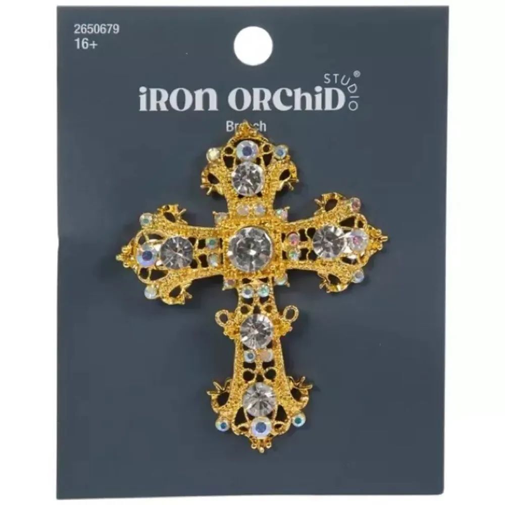 New Iron Orchid Studio Ornate Cross Rhinestone Brooch